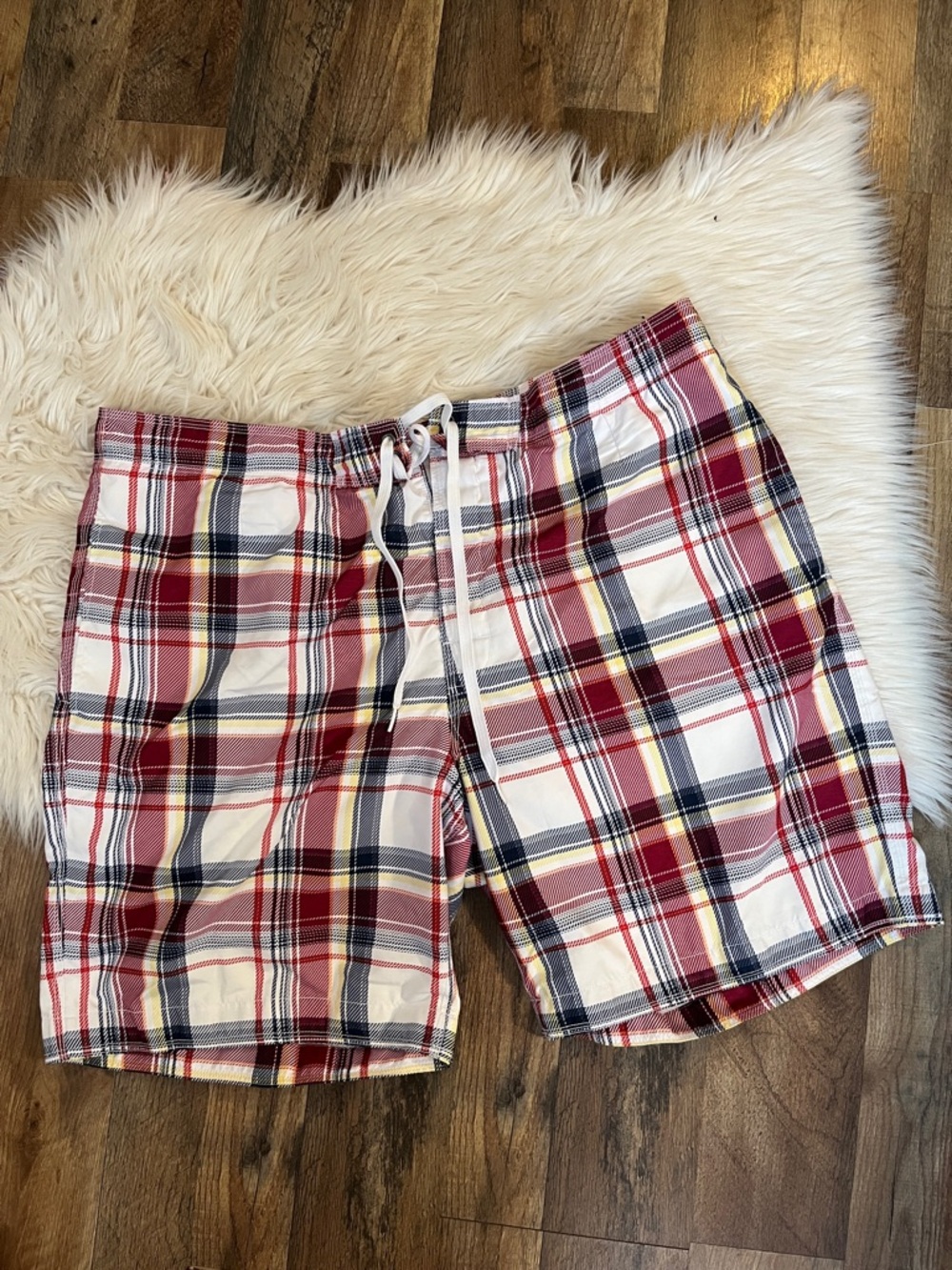 GAP Mens Plaid Swim Trunks 2XL Red White Blue Drawstring Board Shorts